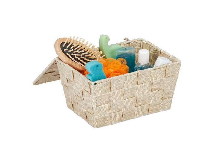 Relaxdays 4 x Aufbewahrungskorb mit Deckel beige