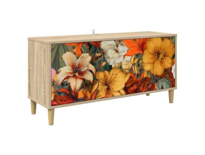 Foknhdi TV-Schrank GENNEP 102x33x50cm Lowboard Sonoma Holzwerkstoff Stabiles Mediamöbel mit 3 Türen und Mustersockel für Wohnzimmer oder Flur. Erhöhte Füße erleichtern die Reinigung.