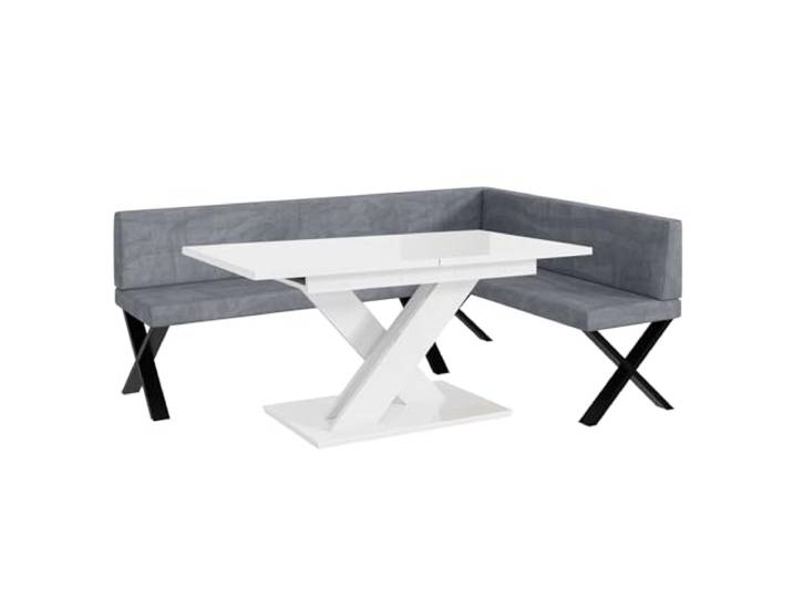 MEBLINI Eckbank für Esszimmer mit ausziehbarem Tisch - Küchenbank - Essecke - Sitzecke Küche - Toni - X-Beine 142x196x87cm Rechts - Grau Samt/B Weiß Hochgl.