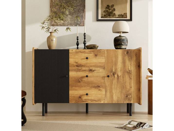 Buffet moderne -SEYAKANY - Buffet 120 cm noir et bois - avec 2 Portes trois tiroirs salon salle à manger. 120x 75x 40 cm