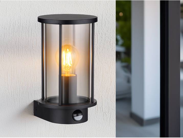 Globo Lighting Außenleuchte Edelstahl schwarz matt, Glas rauchfarben, Metallstäbe schwarz matt, Sensor inkl., IP54, BxH: 143x252mm, AL: 152mm, exkl. 1x E27 60W 230V