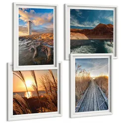 BILDER SET 4er Set - 50x50 cm & 40x60 cm Weißer Rahmen - Leuchtturm-Grassteg