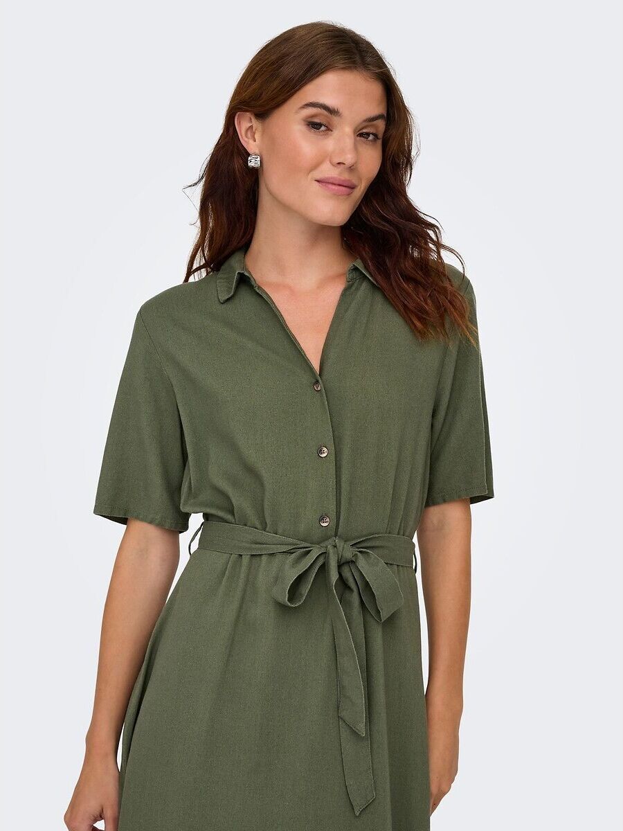 JDY Robe mi-longue avec ceinture, col chemise
