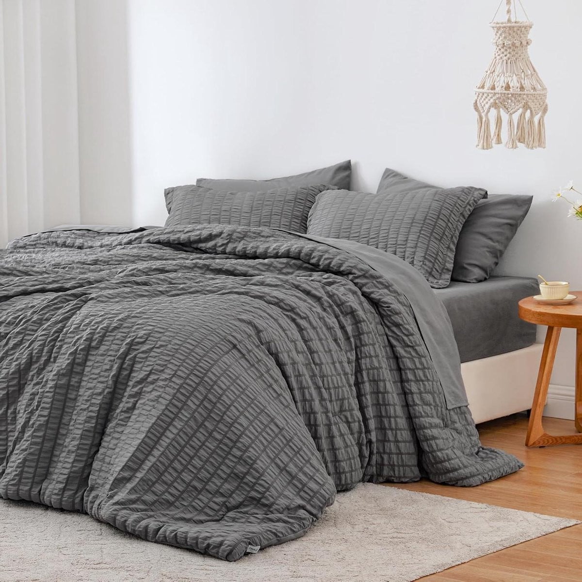 7-delige Kingsize Dekbedset met Seersucker Design in Donkergrijs