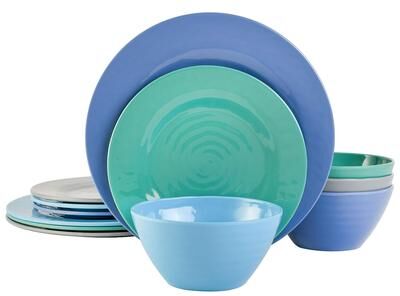Gibson 12 Piece Round Melamine Dinnerware Set in Assorted Blue