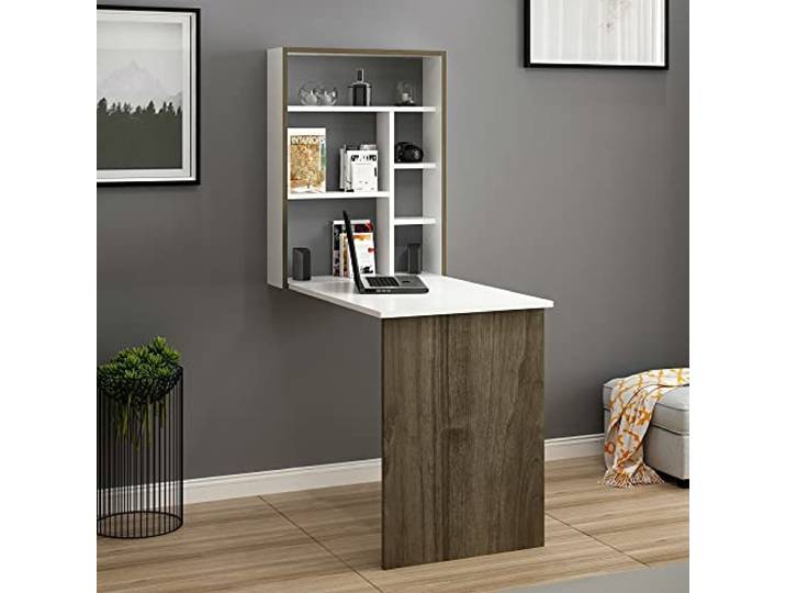 [en.casa] Schreibtisch Greve Wandklapptisch Weiß Walnuss-Optik Bürotisch Arbeitszimmer Wandtisch klappbar