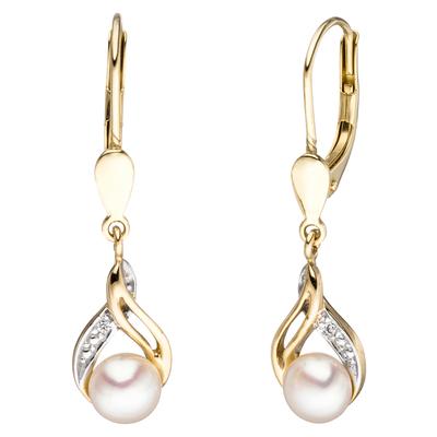 Perlenohrringe JOBO, gelb (gelbgold 585), Ohrringe, Damen, P1 = bei 10-facher Vergrößerung erkennbare Einschlüsse, Diamanten Gelbgold 585 Perlen, Diamanten, Gelbgold 585, Perlen, 585 Gold mit 2 Diamanten und Süßwasser-Zuchtperlen