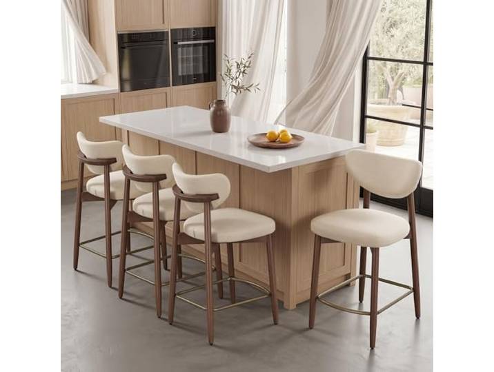 VASAGLE Barhocker 4er Set, mit Massivholzbeinen, ergonomischer Rückenlehne Barstuhl, Polsterstuhl, Bezug aus Leinenimitat, Mid-Century-Modern-Stil, für Kücheninseln, cappuccinobeige