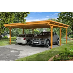Carport Emsland 613x604cm, eiche hell, 20mm Dachschalung mit EPDM Folie Holzcarport