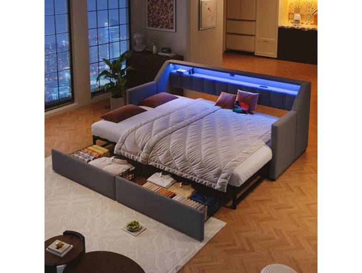 Merax Polsterbett Tagesbett 90×200 cm (ausziehbar auf 180×200 cm) mit farbwechselndem LED-Streifen, USB &Type-C, 2 Schubladen - Multifunktionales Ausziehbett mit Lattenrost, Ohne Matratze, Grau