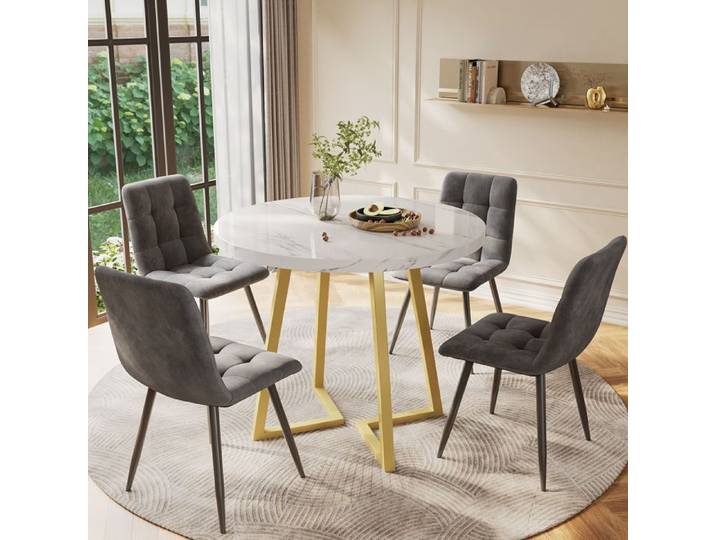 Ensemble table et chaises - Ensemble de salle à manger - Table à Manger rond avec 4 chaises velours - gris et doré