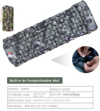 Top Demand Picks TARKA Inflatable Camping Mat With Pillow, Built In Pump, Self Inflating Air Mattress For Outdoor Hiking, Travel & Double camouflage