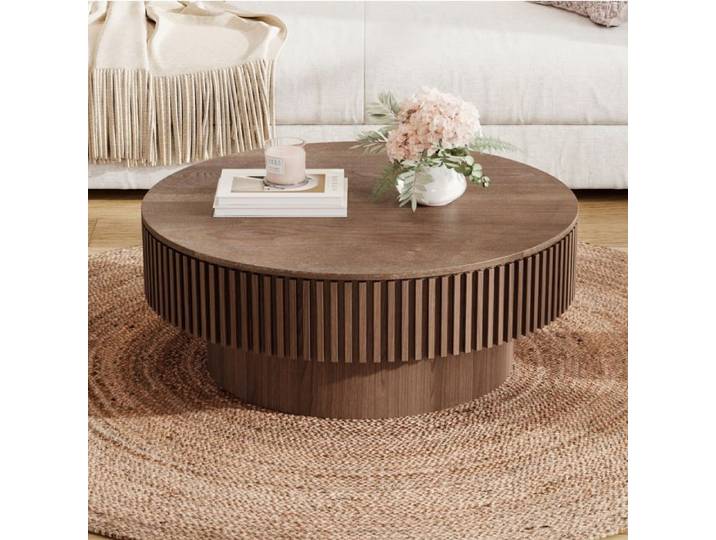 Table basse - WOVREO - Table ronde 75 cm - Rangement caché - MDF plaqué bois - Finition noyer