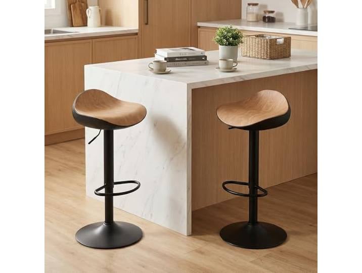 Kidol & Shellder Barhocker 2er Set, Höhenverstellbar ohne Lehne, mit Holzmaserung PU Leder, 5min Montage, Leicht zu reinigen, Tragfähigkeit 136kg für Küche
