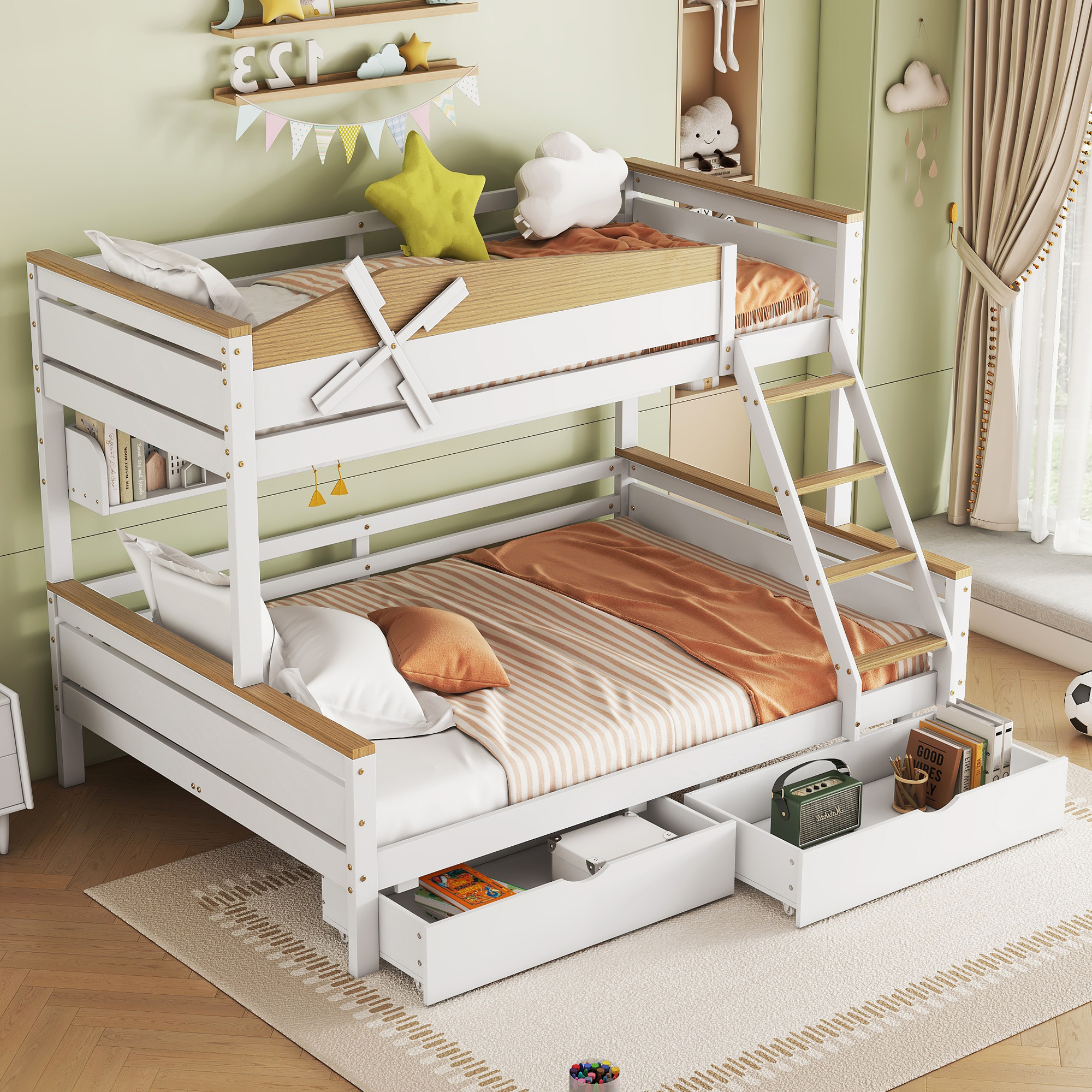 MODFU Etagenbett mit zwei Matratze Kinderbett 90x200cm&140x200cm mit vierstufigen Schr