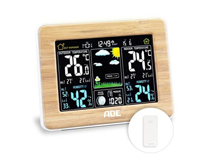 ADE Nauwkeurig digitaal professioneel draadloos weerstation met buitensensor, luchtvochtigheidsmeter, kamerthermometer binnen en buiten, barometer, groot, helder kleurendisplay, met bamboe,