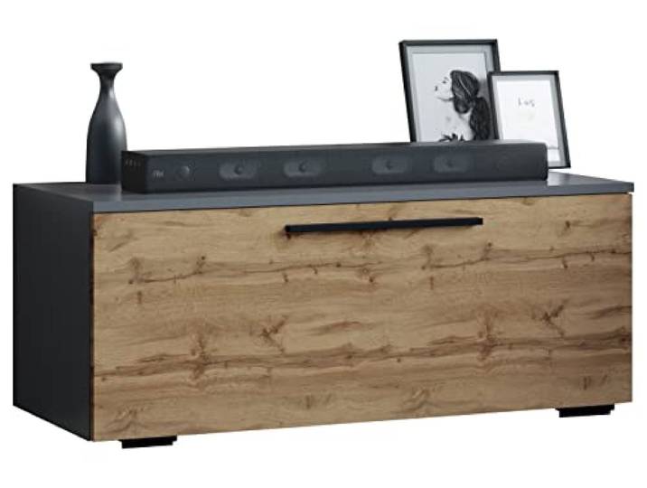 VCM TV-Möbel Anthrazit/Honig-Eiche 95x40x39 cm 1 Tür 2 Fächer Holzwerkstoff Platz für Streaming-Player und Boxen - Für Wohnzimmer und Mediaraum - für Familien - Holzwerkstoff, stabile Metallgriffe