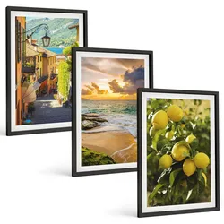 BILDER SET 3er Set - 40x60 cm Schwarzer Rahmen - Straßen, Meer, Strand, Zitrusbäume