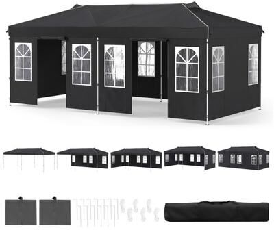 Costway 10 x 20 FT Pop Up Canopy Tent with 6 Sidewalls and Adjustable Height-Black