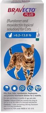 Bravecto Plus For Medium Cats 250 Mg (6.2 To 13.75 Lbs) Blue 3 Doses