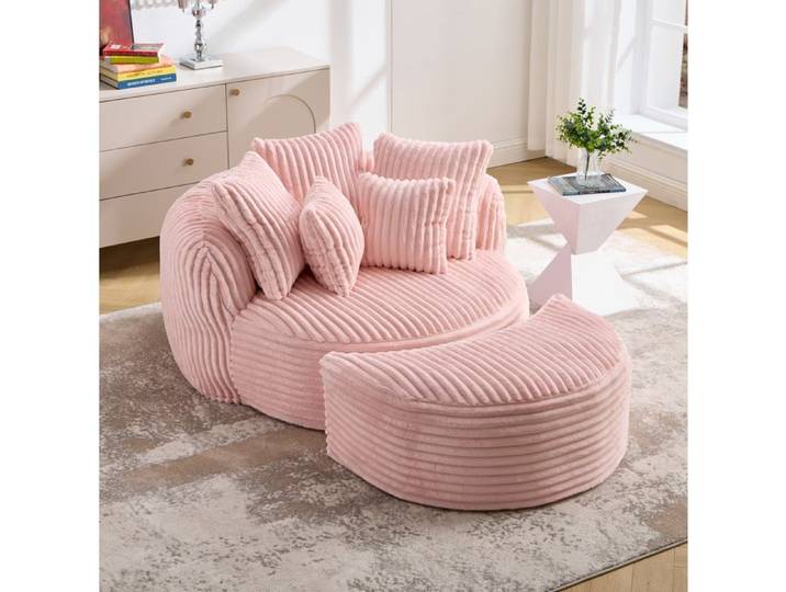 HOMVRA Fauteuil relax rond sans pieds en chenille rose avec accoudoirs et 5 coussins