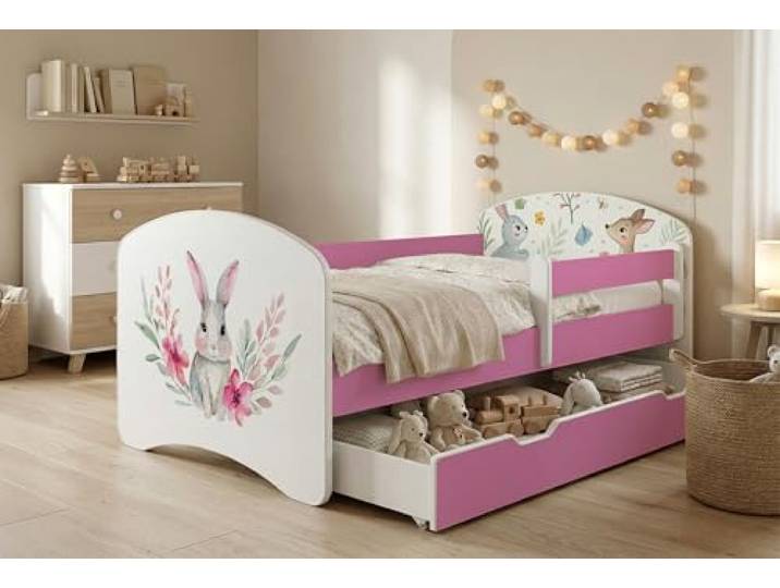 Happy Babies Kinderbett Kinderbett mit Rausfallschutz und Bettschublade, Ideales Bett für Mädchen und Jungen 160x80 mit Matratze, Rose Bett Prinzessin, Set, farbenfroh (Nr 162, 160x80)