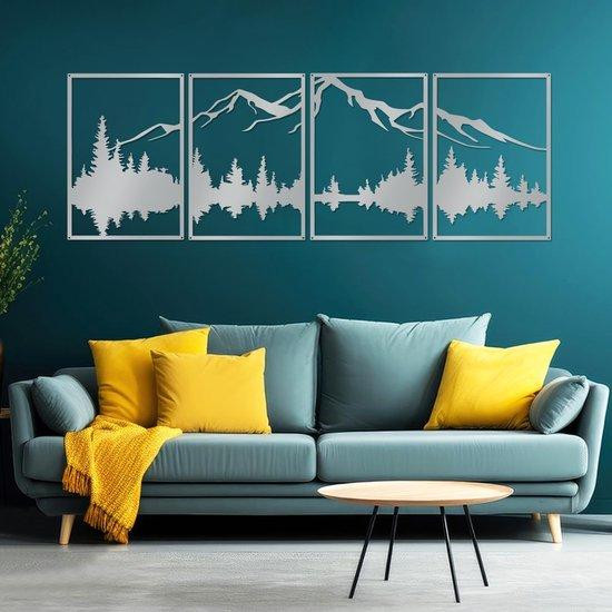 Benza Metalen Wanddecoratie Set – 4 Zilveren Berg- en Bossculpturen voor Wandmontage
