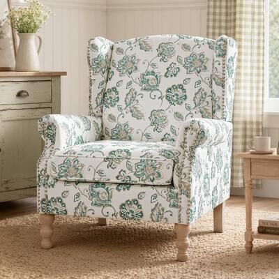 Velocisca Traditional Wingback Accent Chair, Floral Print Upholstered Armchair with Nailhead Trim and Rolled Arms