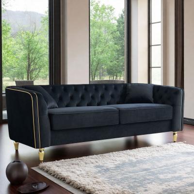"87.01"" Velvet Tufted 3-Seater Modern Sofa with Gold Accents and 2 Throw Pillows"