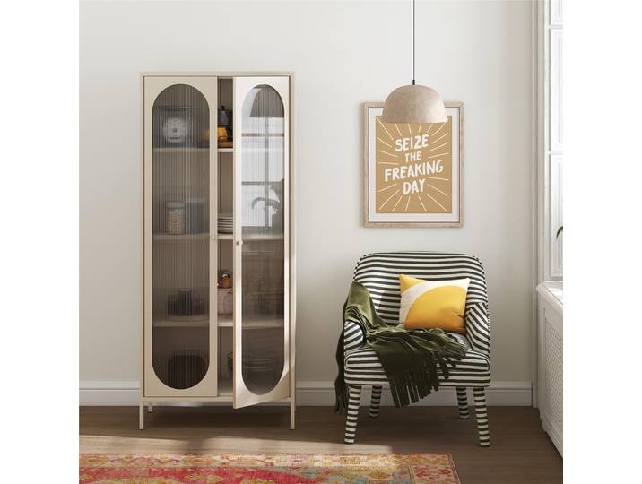 Vitrinenschrank Pochao 80 x 186 x 40cm Weiß/Beige/Cremeweiß