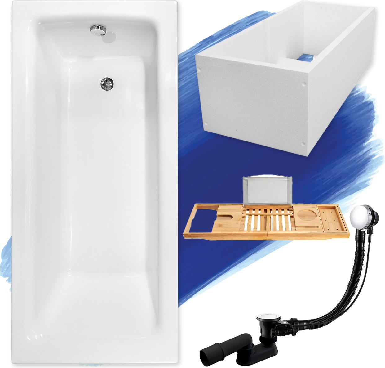 Badewanne Rechteck Set 5in1 120x70 mit Premium Ablaufgarnitur und Füßen GRATIS + Wannenträger + Bambus Holzablage | BADLAND TALIA