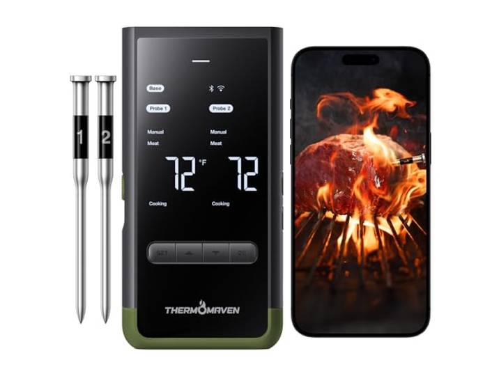 ThermoMaven Smartes Fleischthermometer Kabellose mit Basisstation, Bluetooth & WLAN, 2 Fühler, 6 Sensoren, NIST-zertifiziert, große, stabile WLAN-Reichweite, für Smoker, Backofen & BBQ, Avocadogrün