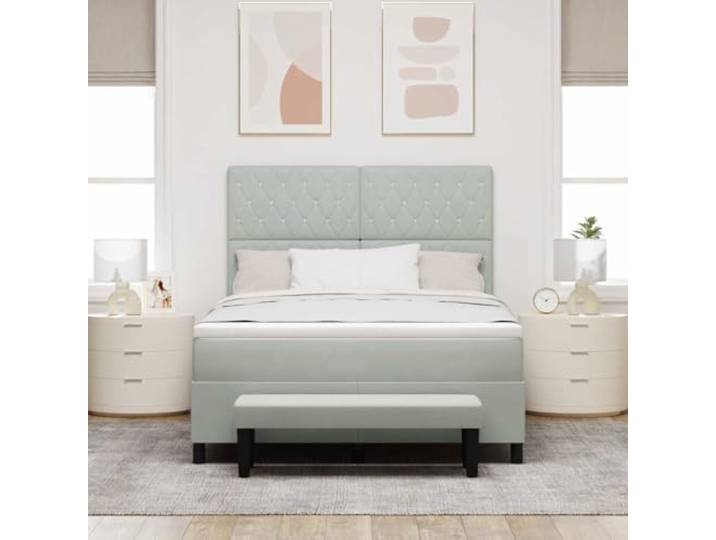 KTHLBRH Boxspringbett hellgrau 200 x 160 cm Samt Struktur aus Holz, Matratze aus mittelfestem Schaumstoff, modernes Design