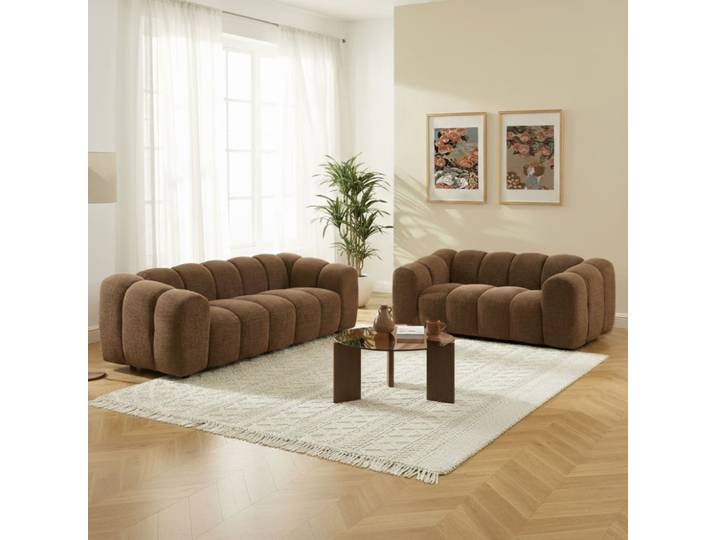 Ensemble canapés droits fixes 3+2 tissu tweed marron
