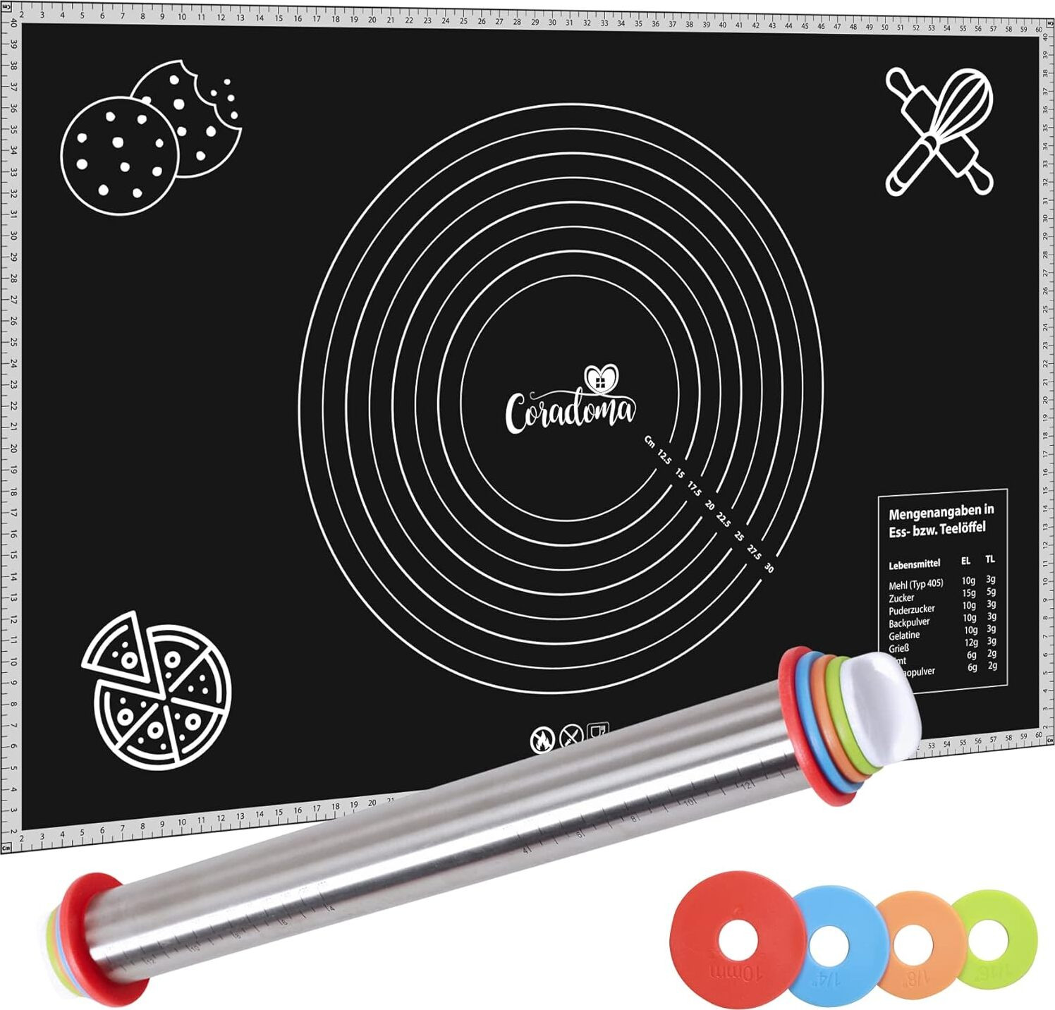 Coradoma Siliconen bakmat met deegroller, herbruikbare bakfolie, Breedte: 60 cm, Diepte: 40 cm