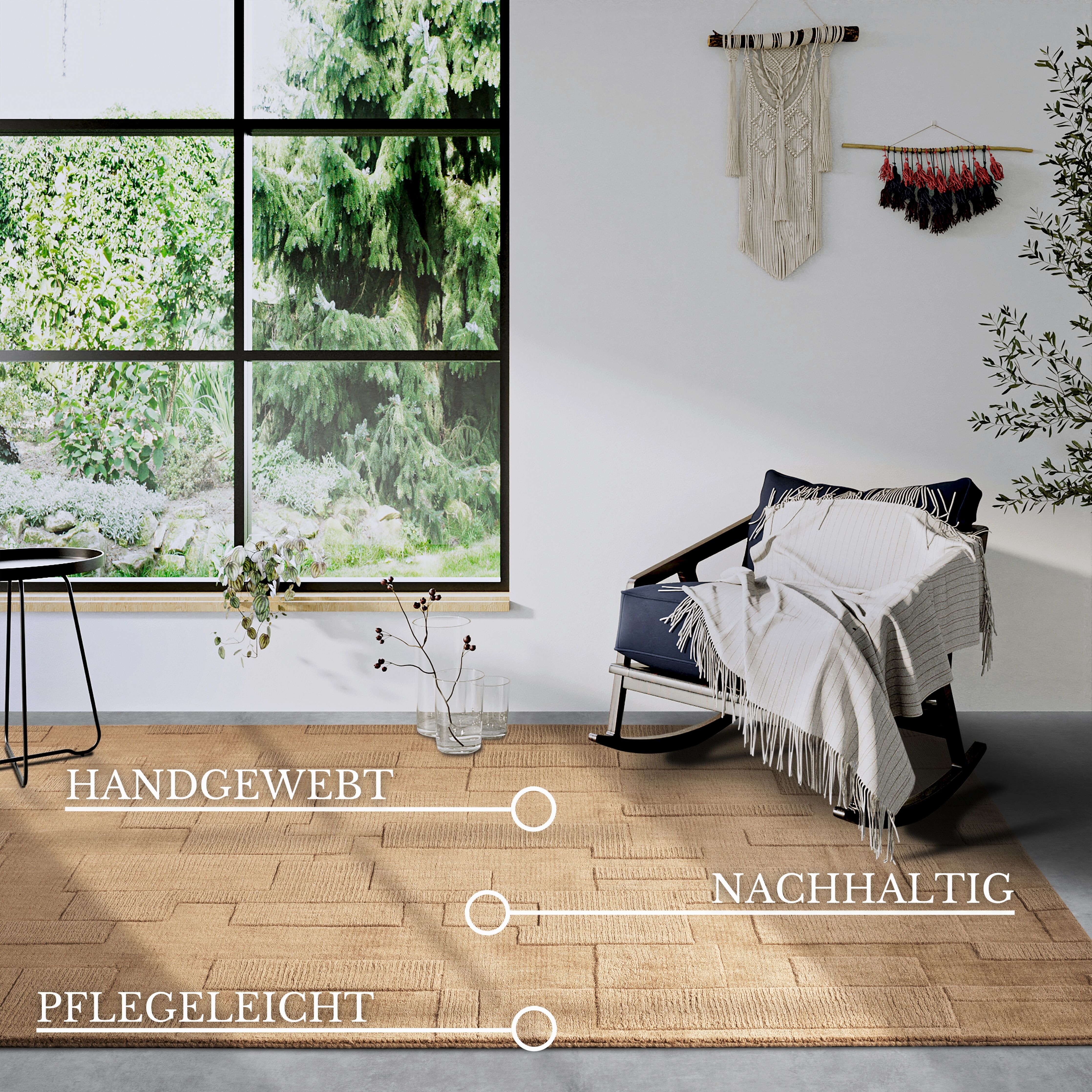 Wollteppich VILLEROY & BOCH "Wilhelmine", beige, B:160cm H:10mm L:230cm, Wolle, Teppiche, Wollteppich, Läufer, handgewebt, Wolle, Natur, Wohnzimmer, Geometrie, Boho beige B : 160cm 1 Stk., 10mm, L: 230cm