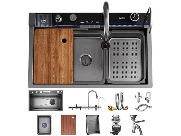 OMGMTSTORE Wasserfall-Küchenspüle 80x45 cm,1 Becken Edelstahlspüle Schwarz Anthrazit,Küchenspüle Groß Waschbecken Küche,mit Wasserhahn,4-fach Armatur,Überlauf,Siphon,Ablaufgarnitur,Schneidebrett