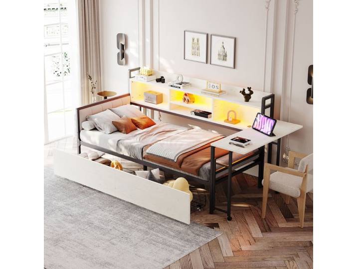 Lit Banquette 90x200 Cm - Avec LED Et Bureau Pliable Tiroirs Et Prises Multifonctions Métal + MDF Blanc Sans Matelas