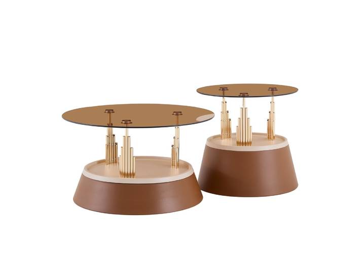 Ensemble de 2 tables basses gigognes en verre trempé teinté marron
