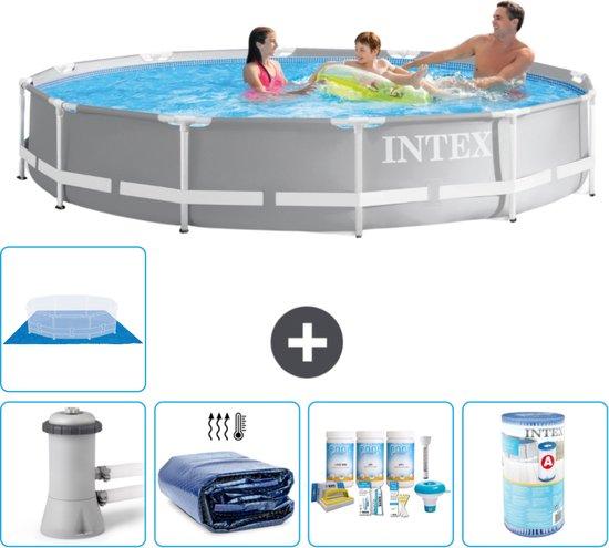 Intex Rundes Prismen Schwimmbecken - 366 x 76 cm - Grau - Mit Solarpumpe, Sonnenschutz, Pflegekit, Filter und Bodenabdeckung