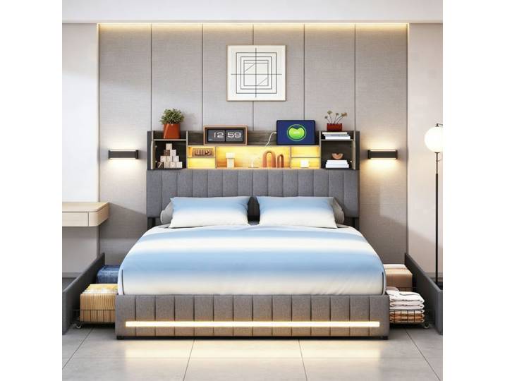 Lit 140x190 cm Gris Lin COZY Sommier LED cadre de lit double 140x190 cm lit adulte 140x190 cm 2 Places