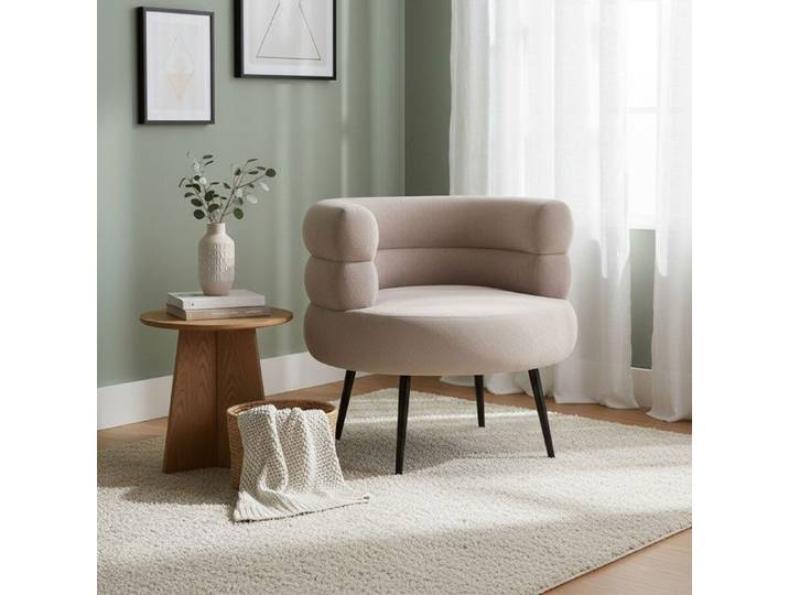 Fauteuil vintage 77x74 5x73 5cm en tissu beige et pieds noirs