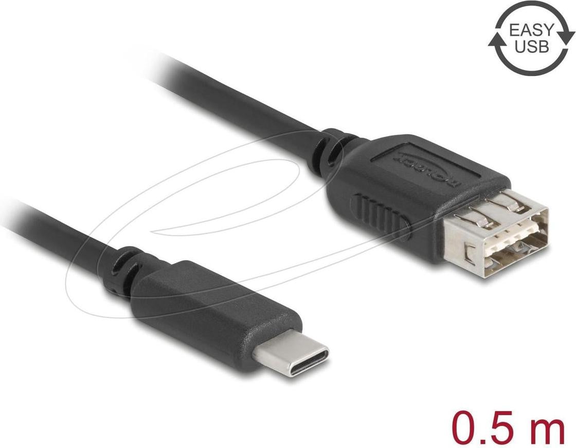 Delock USB-kabel 24-pins USB-C naar USB, USB 2.0, 3A, 50 cm, zwart
