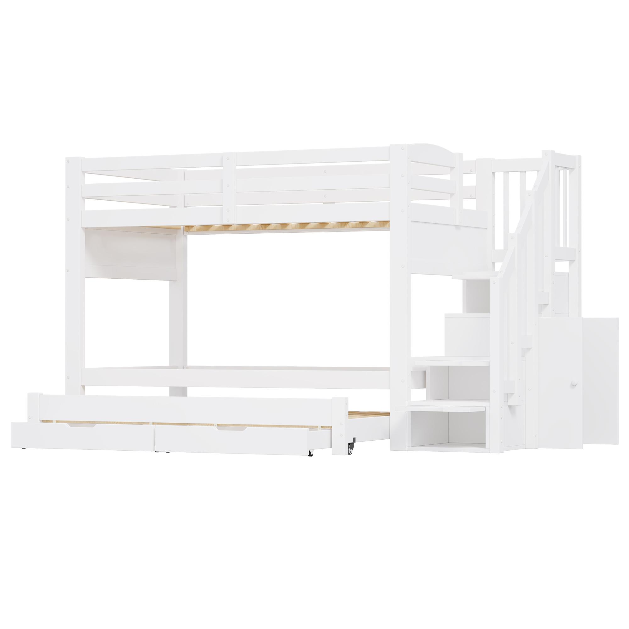 Etagenbett 90x200 cm, Weiß, mit Klappbett, 2 Schubladen, Treppe, ohne Matratze