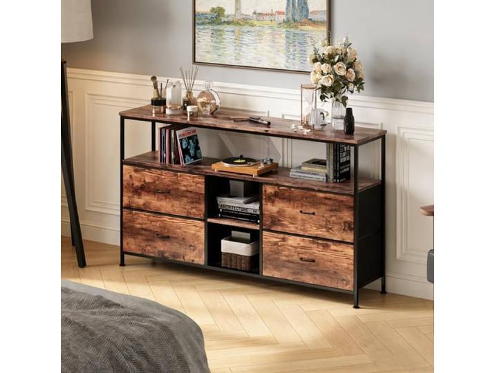Commode - KILISKY - 4 Tiroirs - Éclairage LED - Pieds Réglables - Brun Rustique