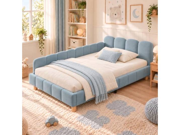 Guishanlihua Polsterbett, Einzelbett, Kinderbett 90 x 200cm, Bett mit und gepolstertes Kopfteil und Rausfallschutz, Bettbeine aus Massivholz, Samt, blau