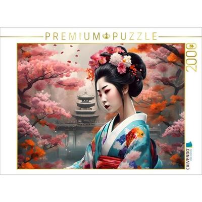 CALVENDO Puzzle Geisha im Frühling mit Tempel im Hintergrund | 2000 Teile Lege-Größe 90x67cm Foto-Puzzle für glückliche Stunden