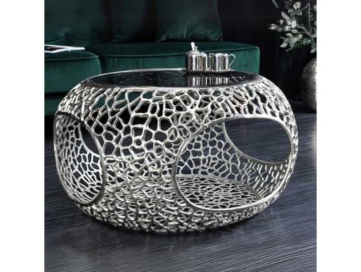 LEBENSwohnART Extravaganter Design Couchtisch RIXOS Silber 75cm Metall schwarzes SIcherheitsglas Handarbeit Stauraum