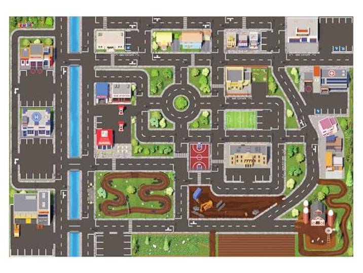 SkippiDoo Kinder Spielteppich Straße & Auto (200x140 cm) - abwaschbar, rutschfest & OEKOTEX-zertifziert - Teppich Jungen & Mädchen Kinderzimmer - Kinderteppich, Autoteppich, Straßenteppich