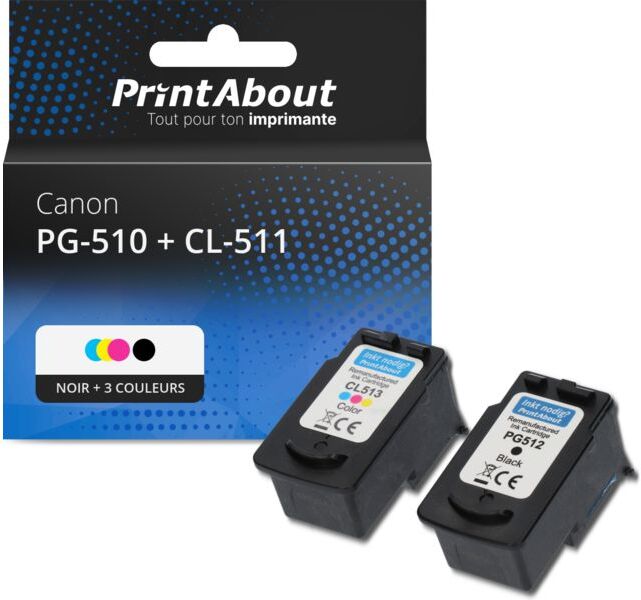 PrintAbout Cartouche compatible Canon PG-510 + CL-511 - Noir + 3 couleurs - Multipack Noir + 3 couleurs